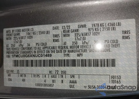 2022 Ford Escape Se z USA, uszkodzony, nr VIN 1FMCU0G6XNUC01489